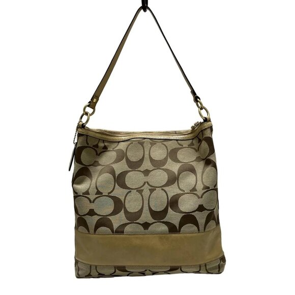 Auth COACH Signature Stripe Patent Large Convertible Shoulder F12824 Khaki - - Picture 3 of 9